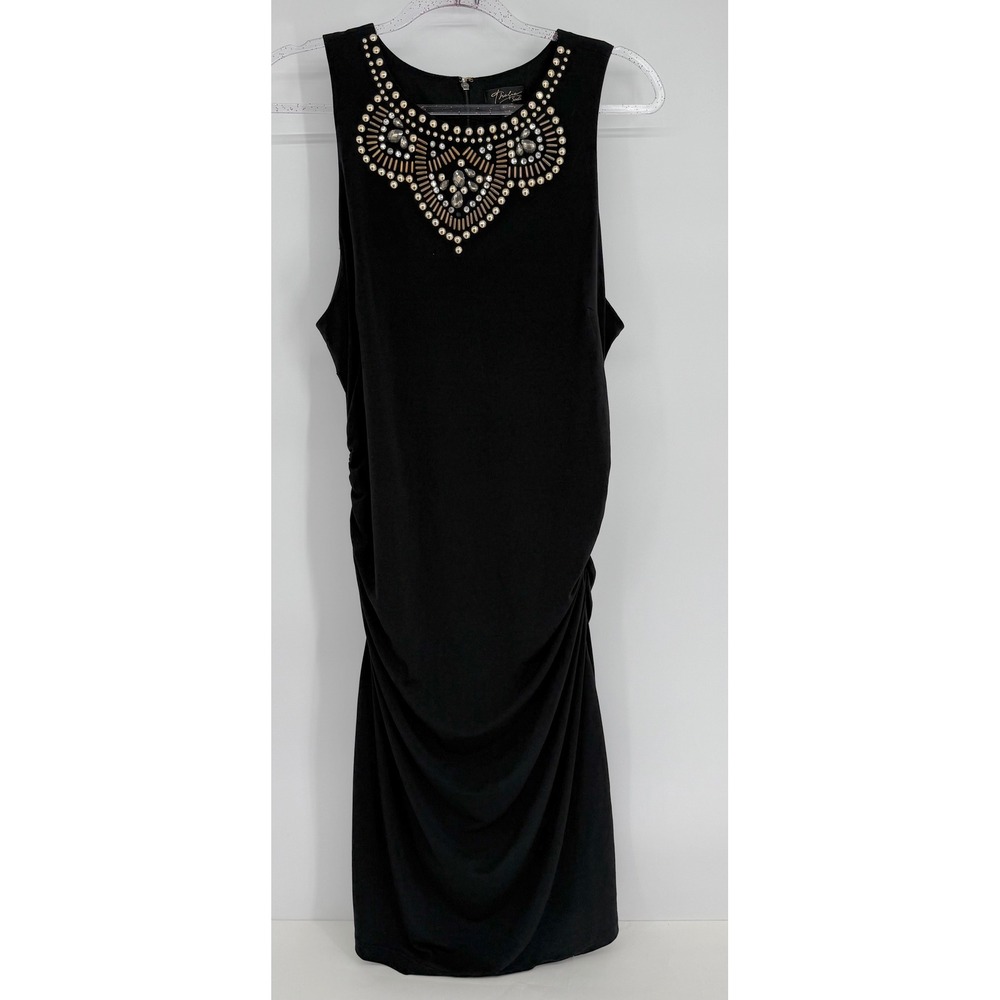 Thalia Sodi Womens Black Beaded Jewel Neck Ruched Sleeveless Sheath Dress Sz XL